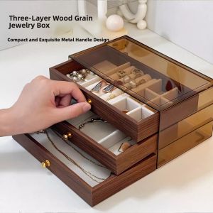 UBT | Luxury Jewelry Box with 3 Layers Black Walnut Wood Grain Necklace Earring Storage