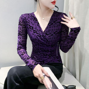 YIMEI เสื้อยืดคอวีเซ็กซี่สำหรับผู้หญิงเสื้อแฟชั่นใหม่ล่าสุดเสื้อท่อนบนตาข่ายแขนยาวรัดรูปพิมพ์ลายตัวอักษร2023ฤดูใบไม้ร่วง