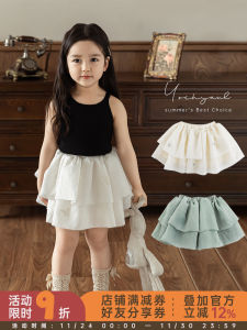 Girls Double Layer Ruffle Skirt Butterfly Knot Mesh Half Skirt Cake Style Summer Children Cute Fashionable Cotton Blend Fabric