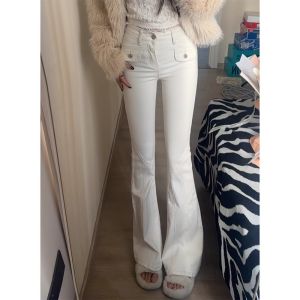 American High Street Light Beige Micro Flared Denim Jeans Women Summer Small Size High Waist Elastic Slimming Floor-Length Pants