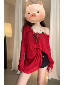 Red One-Shoulder Thin Long-Sleeve Mask T-Shirt Backless Summer Outerwear Air Conditioner Covering Korean Style Loose Fit Pure Color