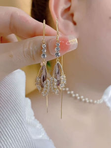 New Elegant Purple Quartz Wheat Leaf Ear Wire High-End Sensation Small Luxury Simple Match All Tassel Anti-Loss Ear Wire