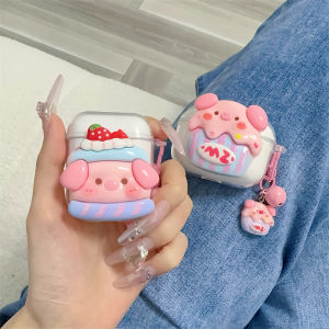 Pink Silicone Protective Case for AirNora2 Bluetooth Earphones Charging Case Box Transparent Soft Shell Anti-Fall Compatible with Strawberries And Pigs