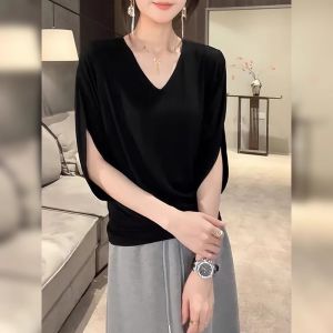 BINKAFENNY | Black V-Neck Slimming Loose T-Shirt for Women