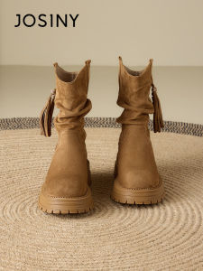 Josiny | Autumn/Winter New High Heel Ankle Boots Mérida Brown Martial Thigh-High Bunched Boots