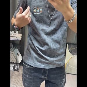 Short-sleeved T-shirt Men 2023 Summer New Mens Round Neck Cartoon Printing Half-sleeved Cotton T-shirt Pure Cotton Top Handsome Young Mens Clothing