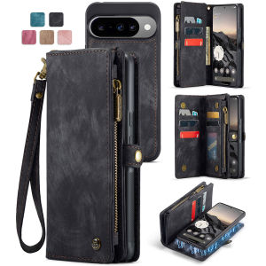 for Google Pixel 10/10 Pro 9/9 Pro Case Zipper Purse Folio Leather Wallet for Women Men with Card Holder Wrist Strap Detachable Magnetic Shockproof Protective Back Case for Pixel 10/10 Pro Black