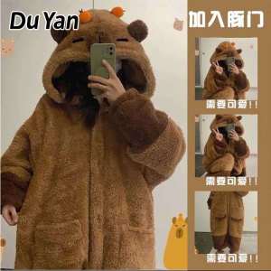 Du Yan   Bộ đồ ngủ nữ mùa đông mới áo choàng nhung dày hoạt hình dễ thương phong cách trung bình và dài nhung san hô capybara quần áo mặc nhà 2024