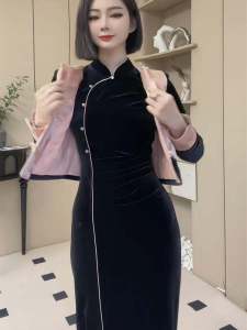 Elegant New Chinese Style Set Dress Womens Long Sleeve Flag Robe Skirt with Buttoned Vest Double Layered Fashionable Ensemble