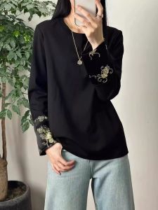 Elegant Pure Cotton Long Sleeve T-Shirt for Women with Gold Thread Embroidery round Neck Splicing Sleeve Cap Spring New Style