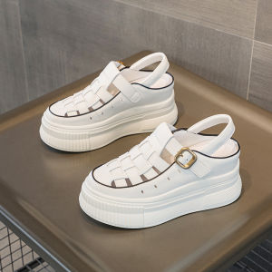 รองเท้าแตะผู้หญิงสไตล์โรมันแบบถัก ทรงหัวมน พื้นหนา รองเท้าส้นสูงเพิ่มความสูง สไตล์ใหม่ปี 2025 รองเท้าแตะส้นแบนแบบสวมสบาย