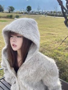 Fancy Haima Fur Hooded Outwear Female Autumn and Winter Loose Thickened Knitting Sweater Idle Style Soft Glutinous Cardigan Top