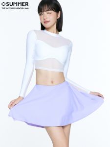 White See-through Surfing Bikini Womens Swimwear with Padded Sports Swimsuit Mini Waist Skirt Pants Long Sleeve round Neck