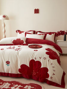 Classy Wedding Pure Cotton Four-Piece Set Wedding Cotton Embroidered Quilt Bed Sheets Bright Red Wedding Room Wedding Bedding