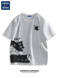 Genio Lamode Grey Short Sleeve Mens Cotton T-shirt Cat Print Youth Summer Breathable Loose Fit round Neck Top for Teens