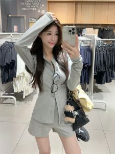 Gray Long Sleeve Single Button Coat Womens Autumn Winter Slimming Casual Pants Shorts Two Piece Set High Waist Straight Cut