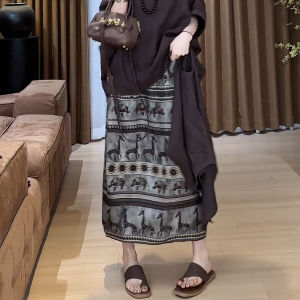 MEITESIJIAONU | Retro Elephant Print A-Line Skirt for Plus Size Women