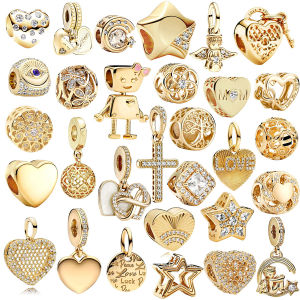NEW Gold Plated Sparkling Cross、Engravable Heart Tag & Radiant Star Dangle Charm Beads Fit Original Silver Bracelet Jewelry Gift