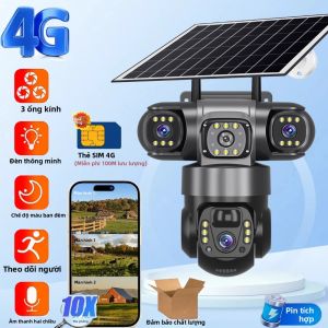 Camera IP 4G Năng Lượng Mặt Trời Với 3 Ống Kính Zoom 10X Phát Hiện Chuyển Động PIR Chống Nước Tầm Nhìn Ban Đêm Camera An Ninh CCTV 12MP Cho Giám Sát Trong Nhà/ngoài Trời