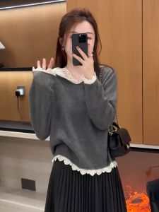 Gray Lace Inner Wear Thick Knitted Sweater Womens Design Hat Design Winter Season Ladies Casual Loose Fit Long Sleeve Top