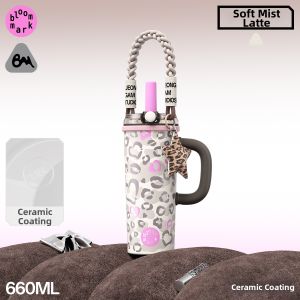 bloommark | Insulated Water Cup Leopard Straw Design Large Capacity Aesthetic Ceramic Liner