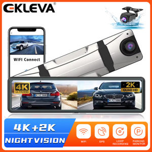 EKLEVA 12 Inch 4K + 2K Car Dvr WIFI Mirror Dash Cam Dual Lens Dashcam Drive Stream RearView Mirror IPS Screen Video Recorder Camera
