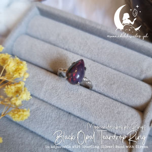 Black Opal Teardrop / Pear Ring in s925 (Sterling Silver) Adjustable Ring Band with Zircon - October Birthstone