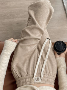 กางเกงขายาวทรงหลวมเอวสูงสำหรับผู้หญิง กางเกงขายาวทรงหลวมสไตล์ลำลองฤดูใบไม้ร่วง/ฤดูหนาว กางเกงขายาวทรงตรงบุขนแกะ ความยาวปานกลาง