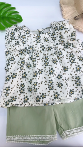 Girl clothes suits Short sleeves Broken flowers printing Sweet Soft Breathable O-neck Sleeveless