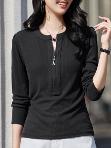 Slim Fit Zipper Long Sleeve round Neck T-Shirt Womens Autumn Fashion Slimming Base Layer Shirt Commute Style Solid Color