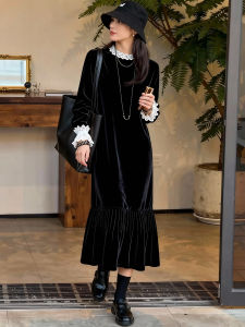 XIYUQI | Elegant Black Velvet Long Sleeve Lace-spliced Fish Tail Dress