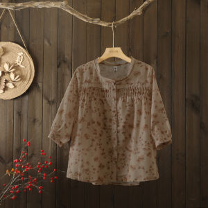 เสื้อเชิ้ตแขนสั้นผ้าฝ้ายผสมผ้าลินินลายดอกไม้เล็กๆออกแบบรอยยับแนววินเทจชุดผู้หญิงไซส์ใหญ่ฤดูร้อนเสื้อผ้าลินินลำลองคอวีแมทช์ลุคง่าย