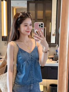 PAIBOLI | Áo Camisole V-Neck Denim Phong Cách Pháp Size Lớn