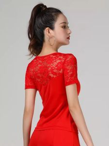 ชุดเต้นรำเต้นรำสี่เหลี่ยมแขนสั้นลูกไม้สูงสำหรับผู้หญิงการเต้นรำทางสังคมสไตล์ลาตินชุดเต้นรำใหม่ชุดเต้นรำการเต้นรำสมัยใหม่มาตรฐานระดับชาติ