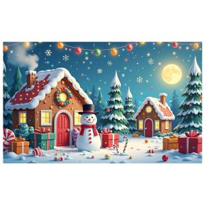 Christmas Banner  Holiday Theme Gingerbread House Snowflakes Winter Scene for Home Party Event Decoration
