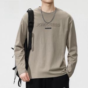ROMON | Romon Mens Long Sleeve Pure Cotton Round Neck T-shirt Spring Autumn Loose Casual Print Youth Fashion Base Shirt