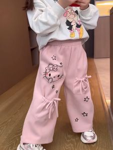 110-140cm Pants for Kids Girls: Wide Leg Pants for Kids Girls Cartoon Design Loose and Comfortable