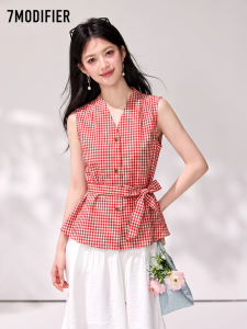 7.Modifier | Áo Không Tay Plaid Vintage Pháp Thắt Eo Cổ V Thời Trang