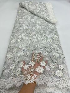 African Milk Silk Cord Lace Fabric 2025 High Quality Lace 5 Yards Nigerian French Mesh Lace With Beads For Wedding Dress Sewing