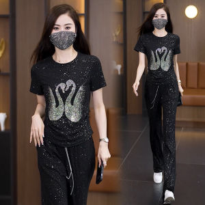 Fashionable plus Size Casual Wide Leg Pants Set Sparkling Diamond Top Two Piece Set Slimming Anti Aging Summer New Arrival