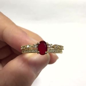 Huitan Luxury Women Gold Color Two Layers Inlaid Shiny Red CZ Elegant Wedding Engagement Accessories Fashion Party Jewelry Gift