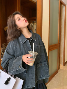 Grey Denim Jacket Womens Miniature Early Autumn New Design Retro Oversize Coat Button Pocket Cotton Long Sleeve Polo Collar