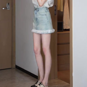 Váy Ngắn Denim Cạp Cao Họa Tiết Ren Cho Nữ Mùa Hè 2025 Váy Ngắn Chữ a Màu Trơn Bằng Vải Tổng Hợp Cổ Điển Phong Cách Công Sở