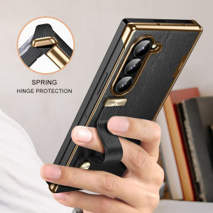 Luxury Fashion Z Fold 8 Ultra Leather Case Back Cover Gold Accents Samsung Galaxy Z Fold8 Ultra Hinge Protection Anti-Drop Durable Hard PC Phone Case with Finger Loop Holder