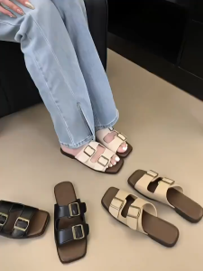1 Pair Women Summer Flat Slippers Retro Style Breathable Comfortable Beach Shoes Double Strap Design Outside Wearing Sandals