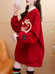 เสื้อฮู้ดแขนยาวผู้หญิงไซส์ใหญ่ 300 ปอนด์ ทรงหลวม ปกสูงครึ่งตัว เสื้อผ้ากันหนาว ทรงหลวม แขนยาว สีแดง แฟชั่นฤดูใบไม้ร่วง/ฤดูหนาว