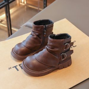 Autumn Winter Childrens Boots Soft Leather Cotton Lined Mid-Calf Girls Shoes Fashionable Short Booties Slip-On Waterproof