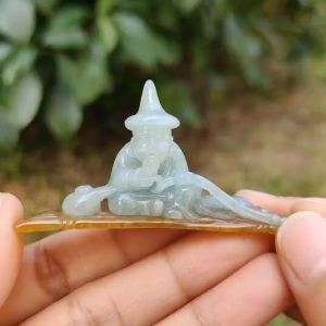 Light Green with Yellow Natural Type A Jadeite Jade crafted with Old Men Fishing as Display certificate weighs 17.06 grams measurement 65.2 * 32.8 * 12 (display1)