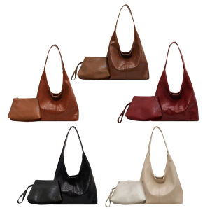 【HOSPORT】Women Leather Shoulder Bag Soft Soft Underarm Bag Casual 2pcs Shoulder Bag and Handbag Set Satchel Hobo Bag Shopping Bag