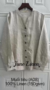 [JUNE LINEN] A08. Áo sơ mi nữ 100% Linen cổ trụ tay dài. Ảnh thật